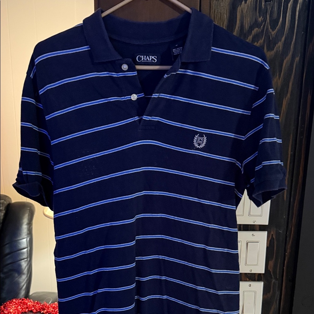 Chaps Men's Dark Blue Polo with Light Blue Stripes